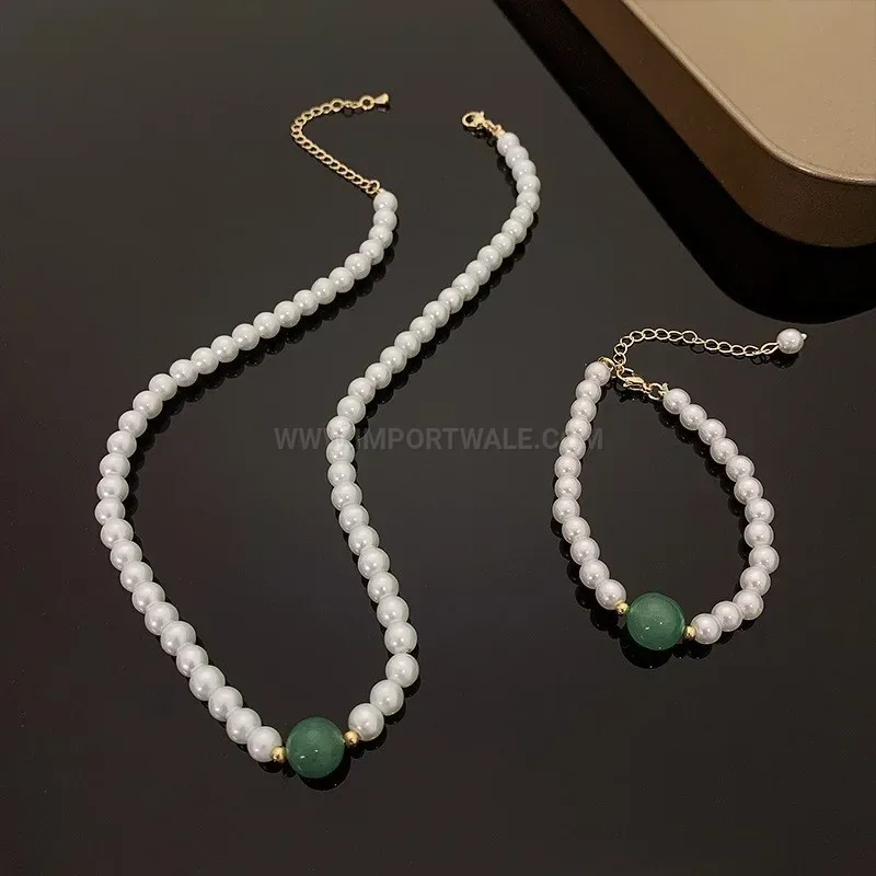 Delicate Pearl and Green Bead Titanium Steel Charm Bracelet