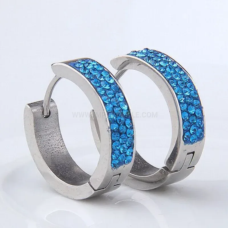 Designer Triple-Row Crystal Embellished Stainless Steel Huggie Earrings