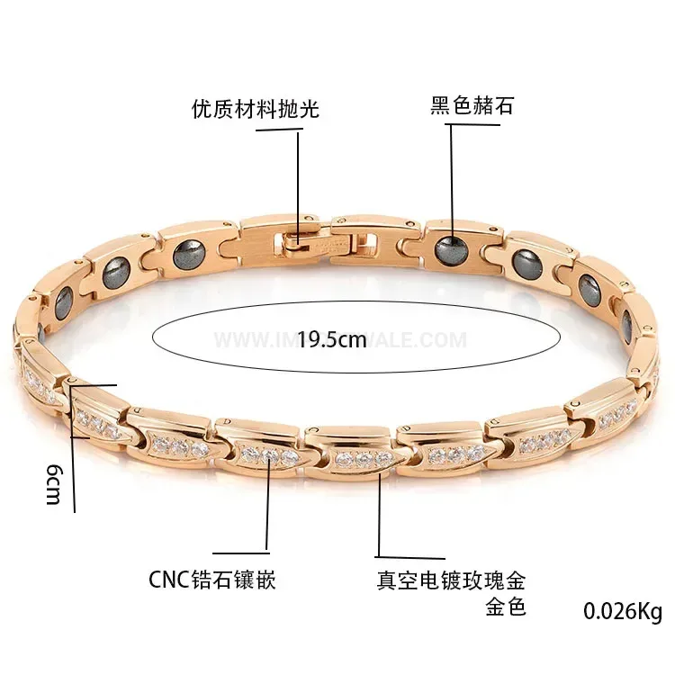 Rhinestone Encrypted Bio Magnetic Energy Bracelet in Rose Gold Stainless Steel