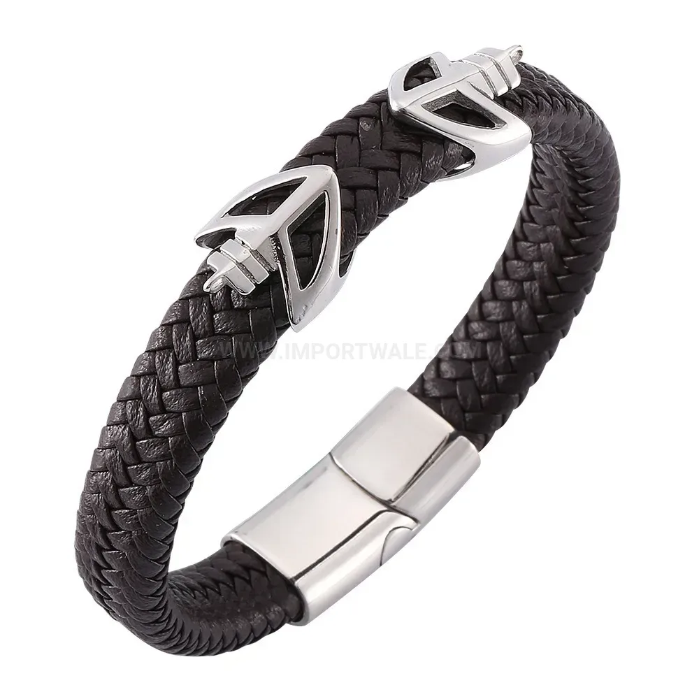 Braided Leather and Stainless Steel Geometric Charm Bracelet for Men
