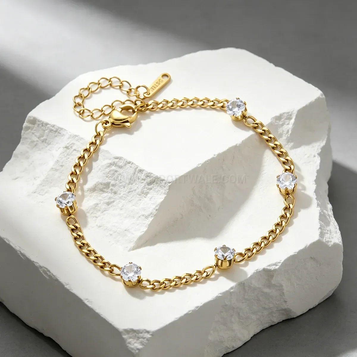 Classic Rhinestone Accent Stainless Steel Gold-Tone Chain Bracelet