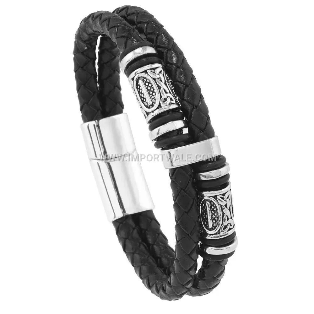 Viking Braided Leather Magnetic Cuff Bracelet For Men