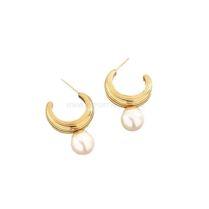 Fashion Vintage 18K Gold Plated Stainless Steel Pearl Textured Hoop Earrings