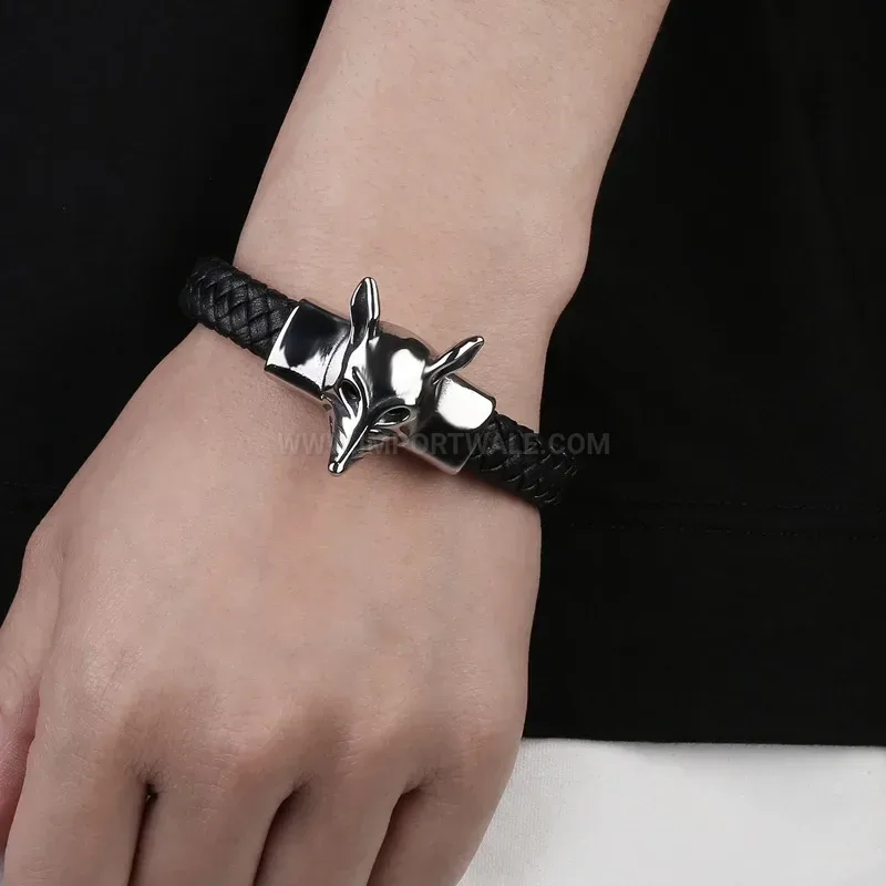 Chic Fox Charm Genuine Leather Stainless Steel Men Bracelet