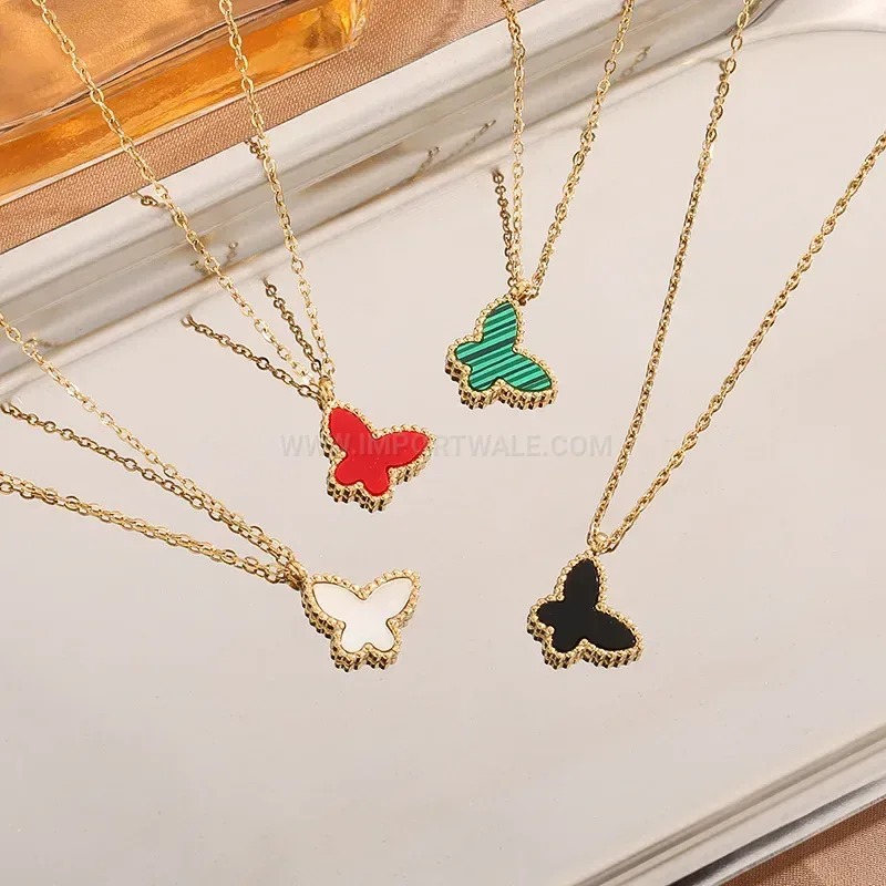 Mother of Pearl Butterfly Pendant Titanium Steel Chain Necklace