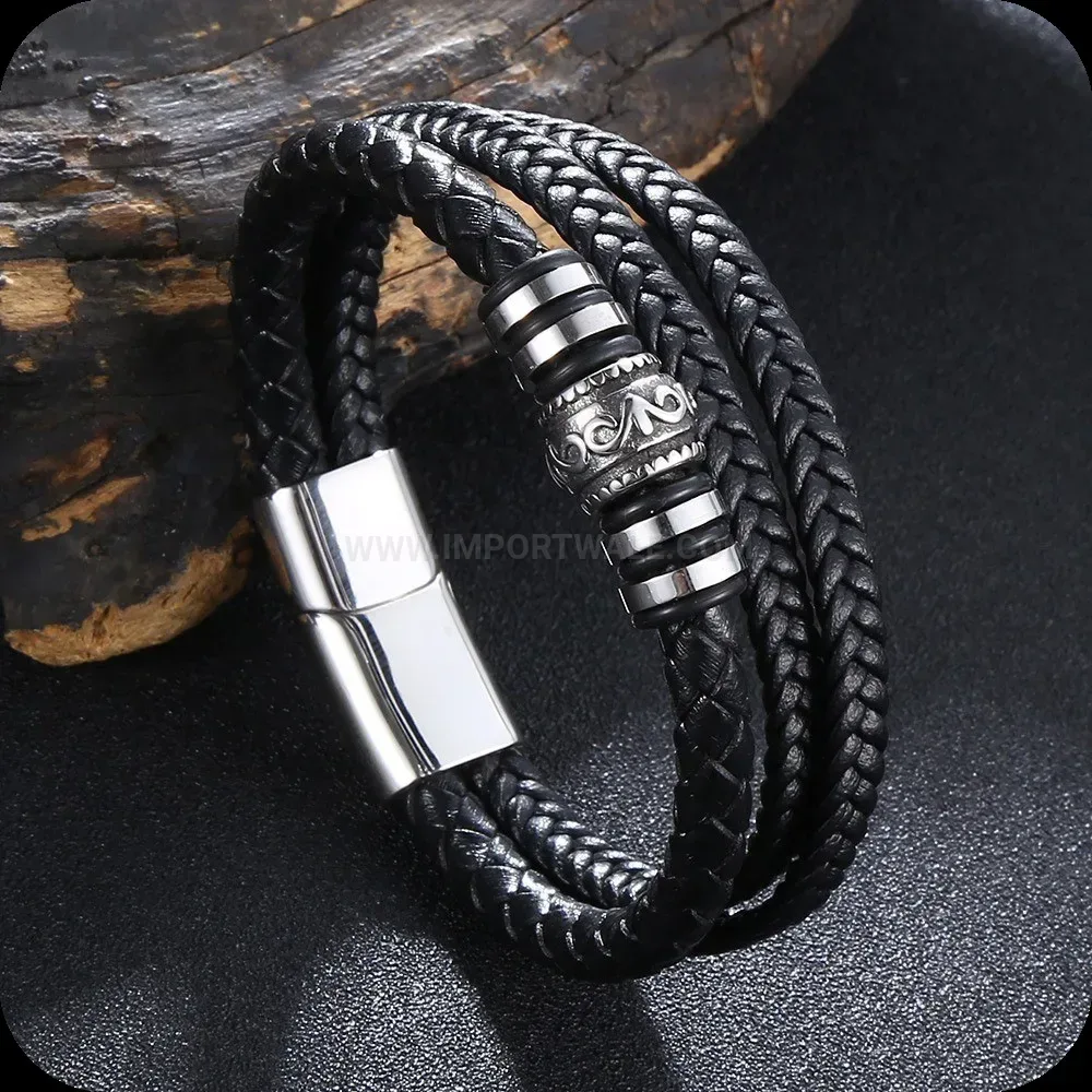 Fashion Multi-Layer Braided Leather Wristband with Stainless Steel Accents