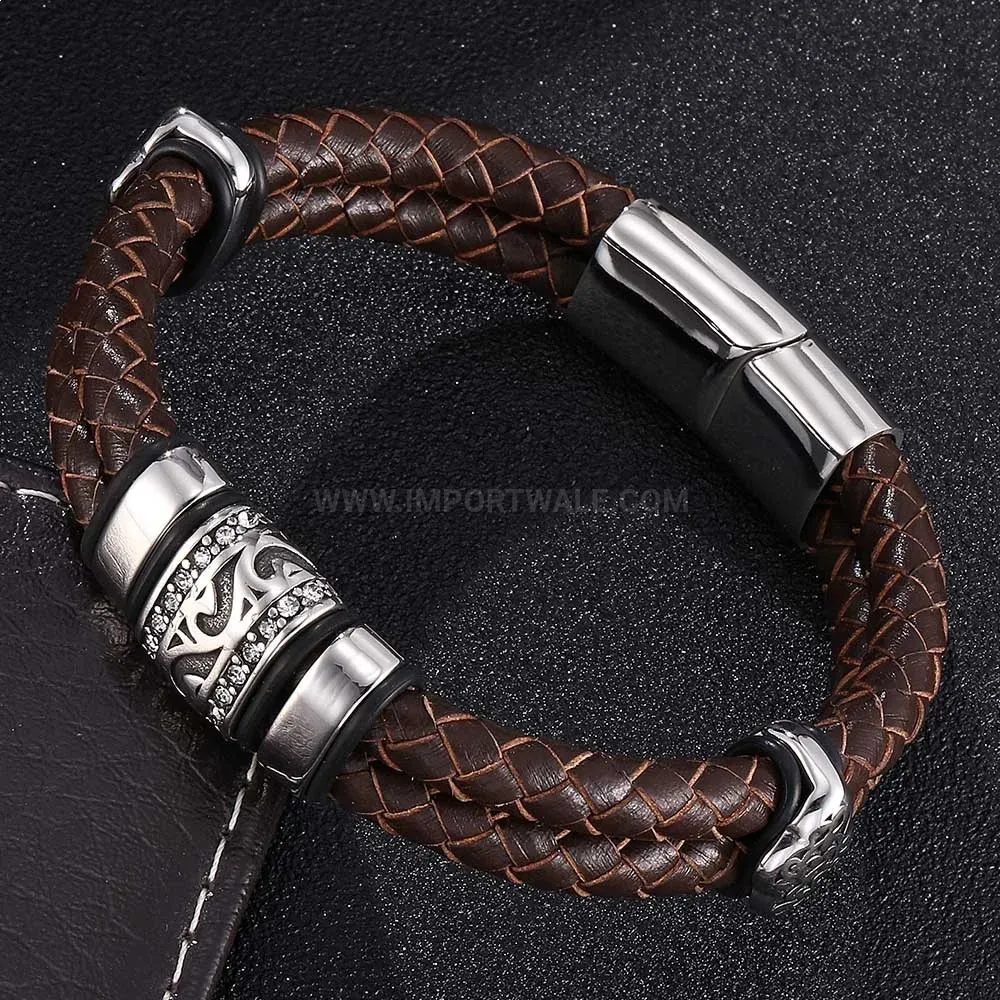 Bold Double-Strand Woven Brown Leather Bracelet with Stainless Steel Clasp