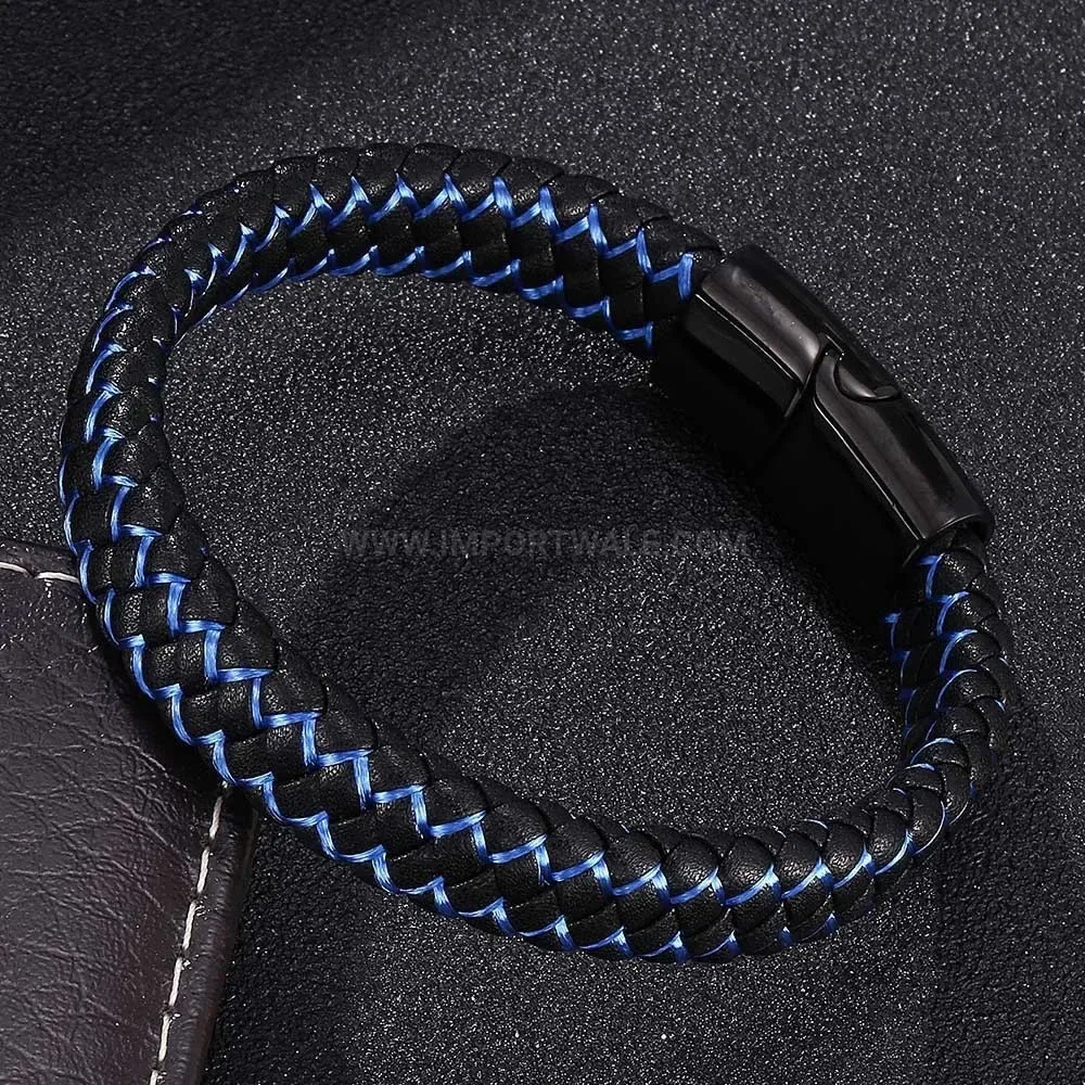 Dual Tone Leather Cord Wristband with Stainless Steel Magnetic Clasp