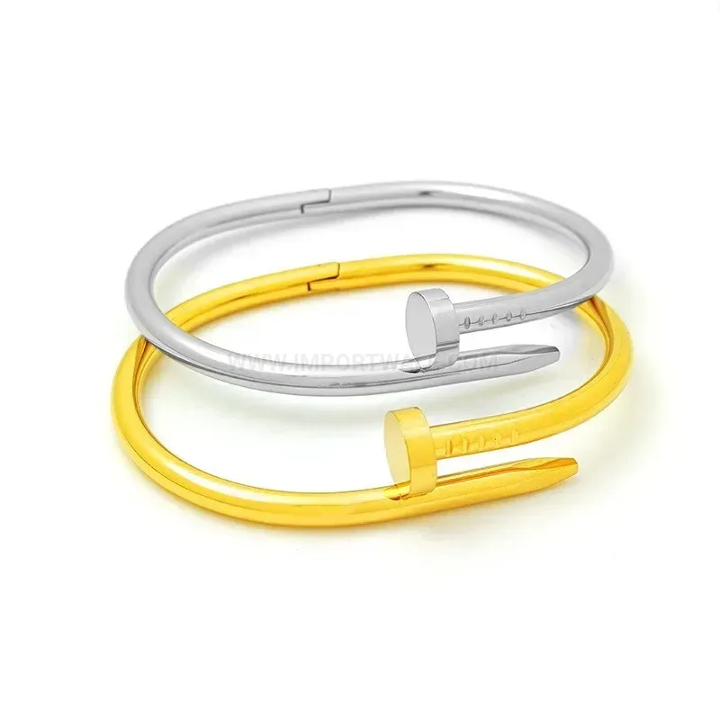 Stylish Pave Rhinestone Gold Plated Titanium Steel Nail Bangle Bracelet