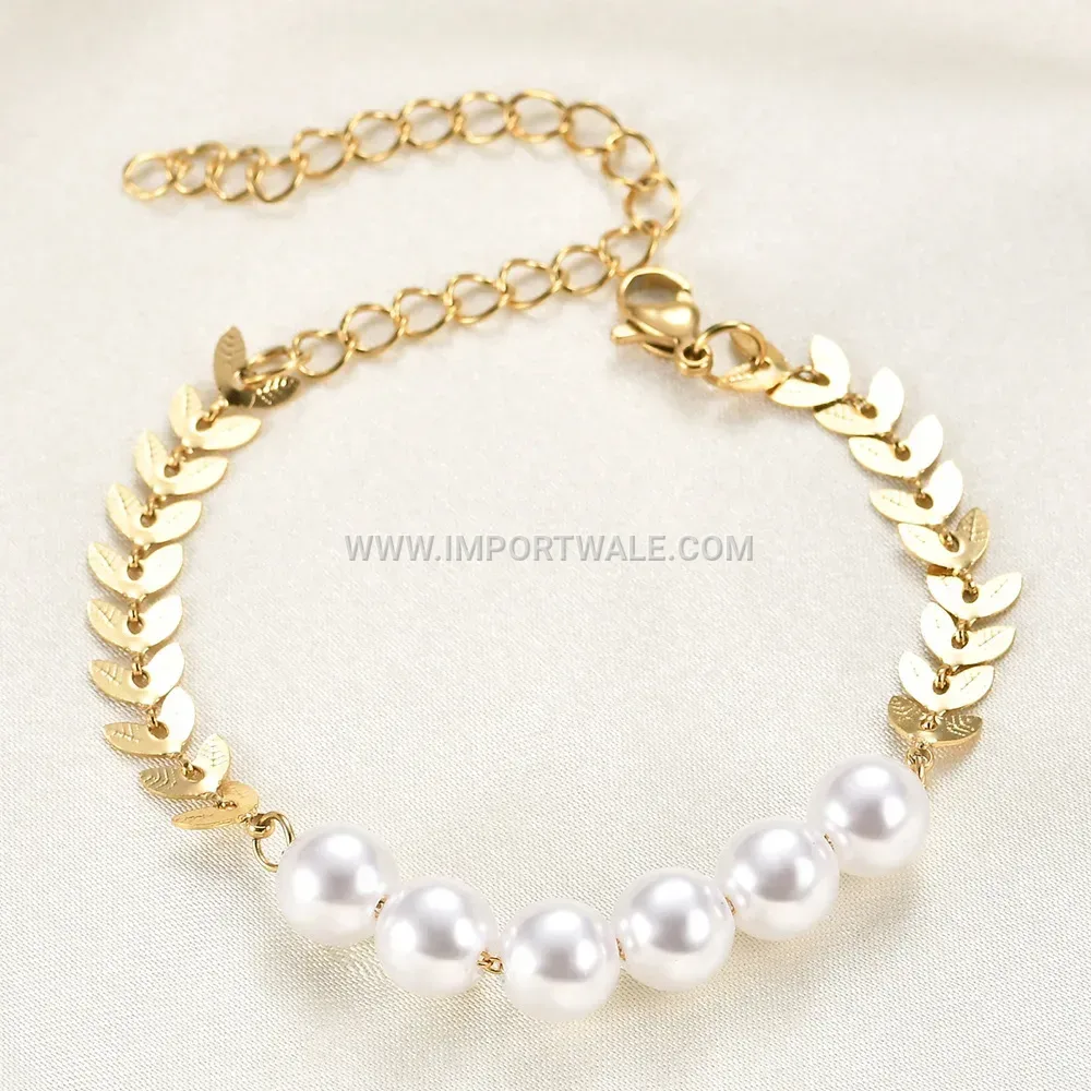Stainless Steel Leaf Splice Bracelet with Faux Pearl