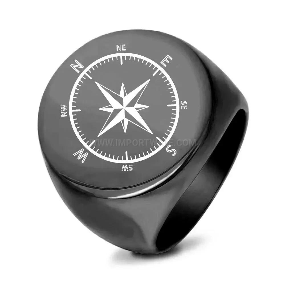 Elegant Laser Engraved Compass Motif Vintage Stainless Steel Ring