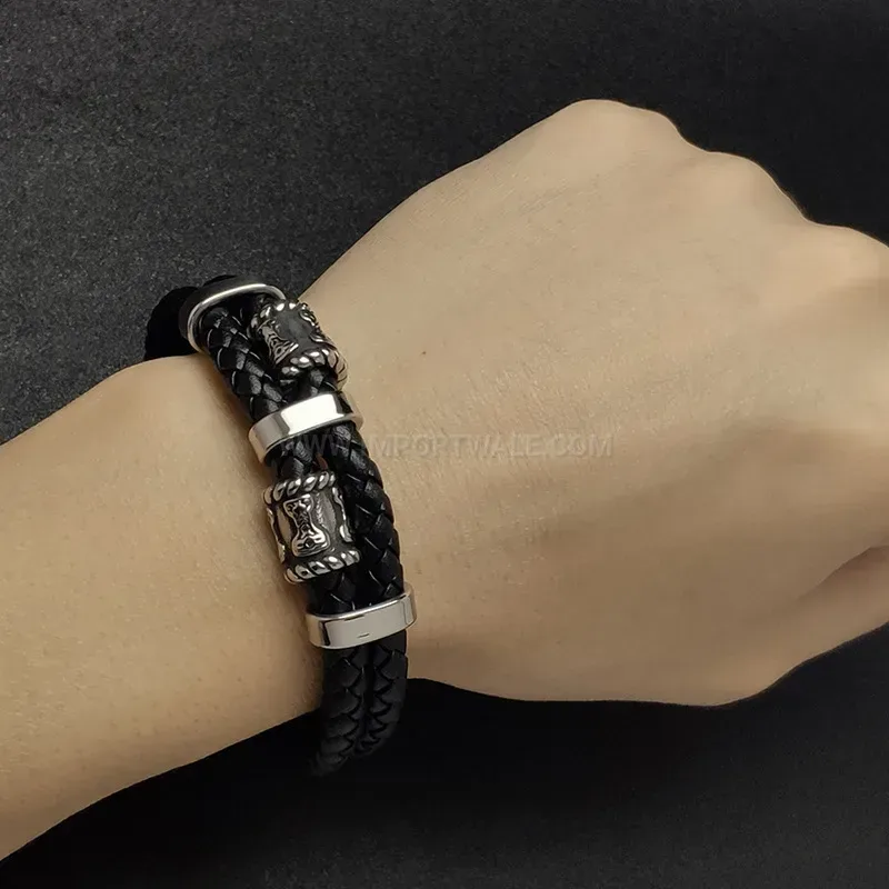 Trendy Vintage Style Stainless Steel Beaded Microfiber Leather Men Bracelet