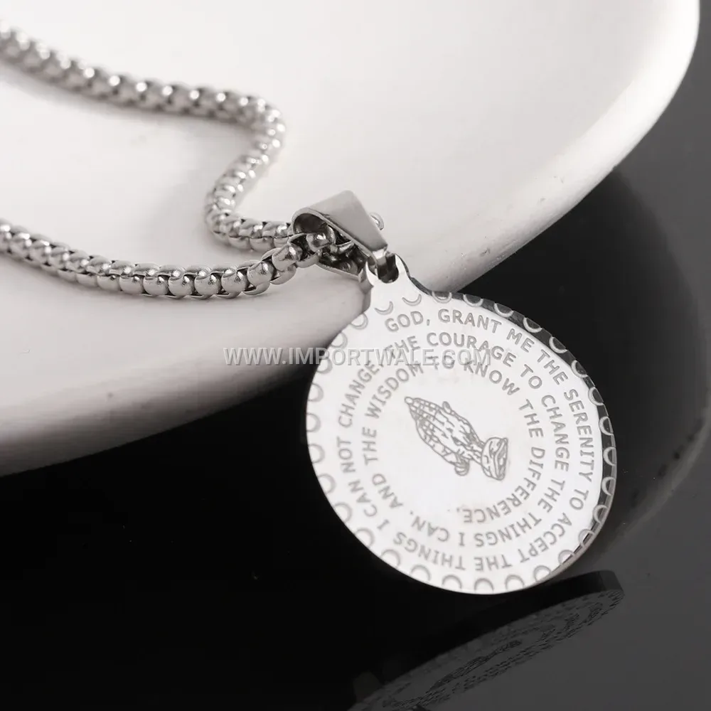 Etched Praying Hands Stainless Steel Pendant Necklace