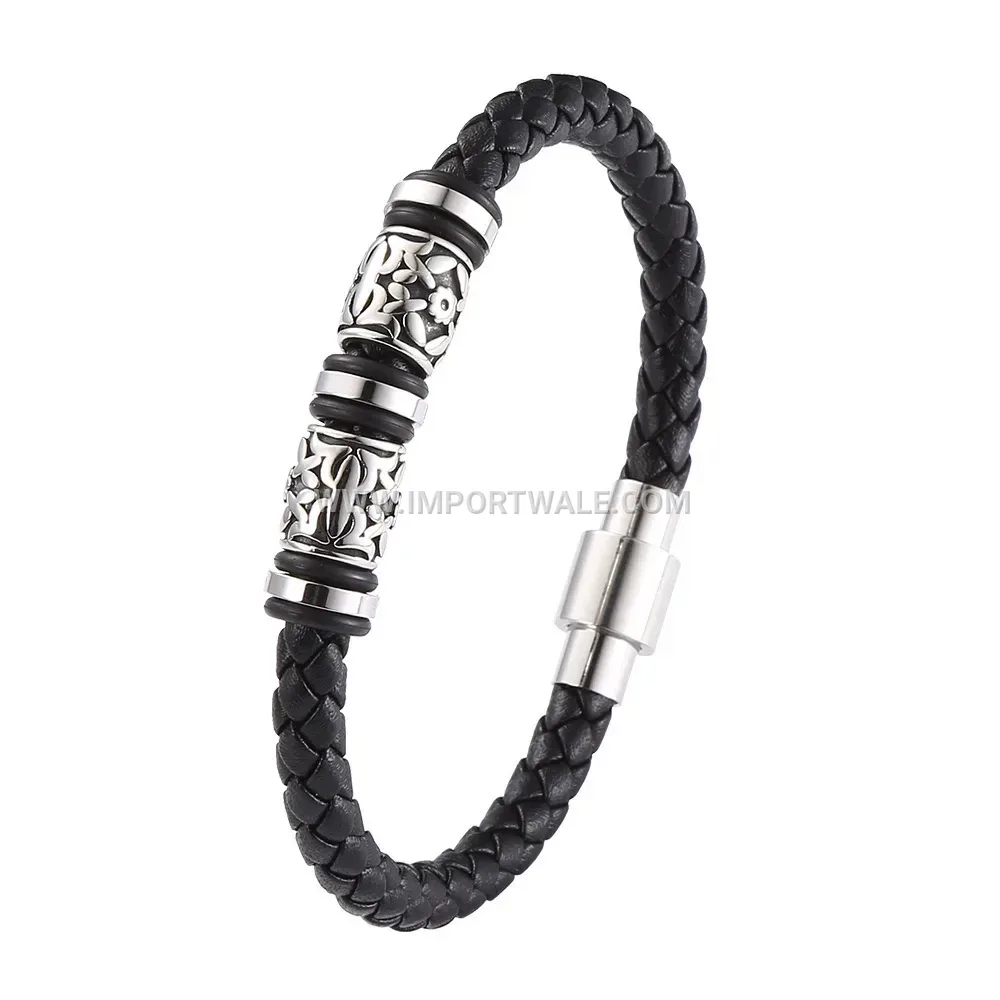 Double Strand Braided Genuine Leather Stainless Steel Bracelet