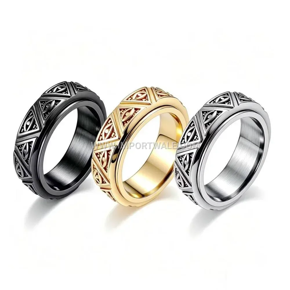 Rotatable Stainless Steel Eye of Horus Pyramid Ring