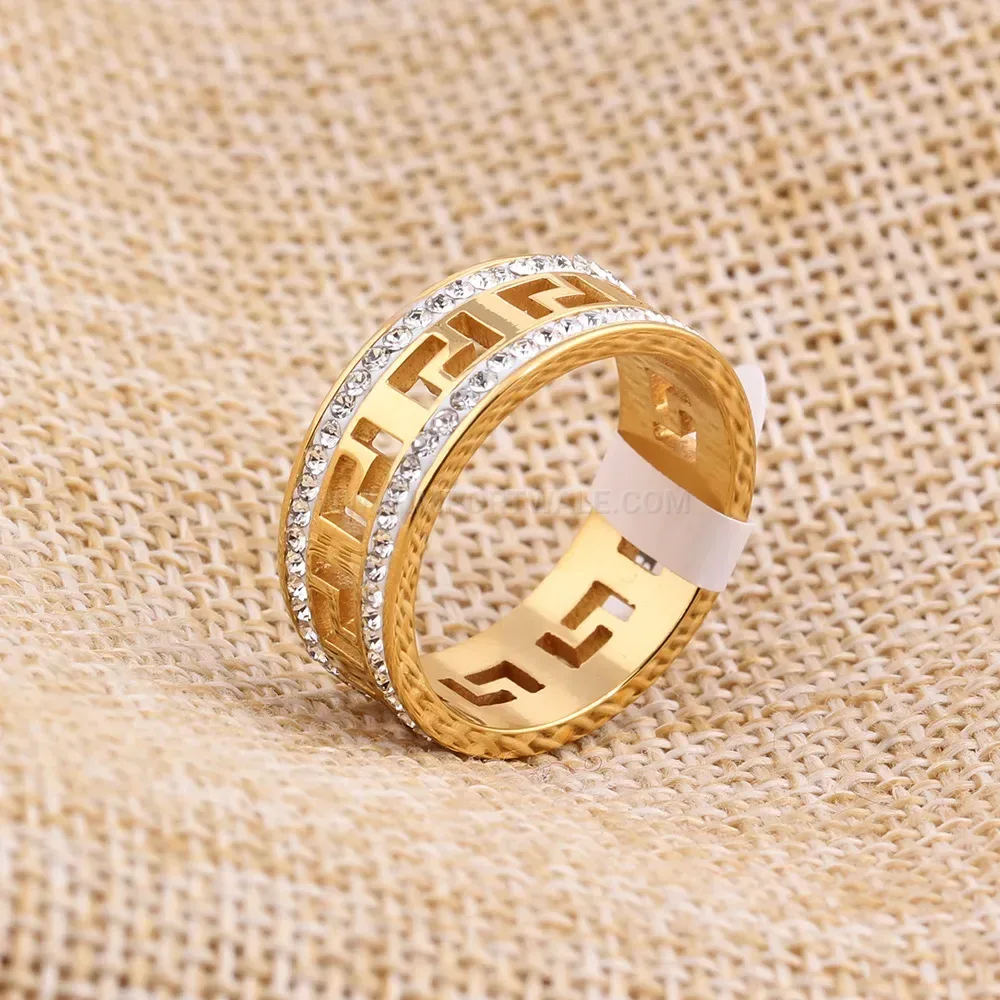 Double Row Cutout Pattern Gold Stainless Steel Rhinestone Ring