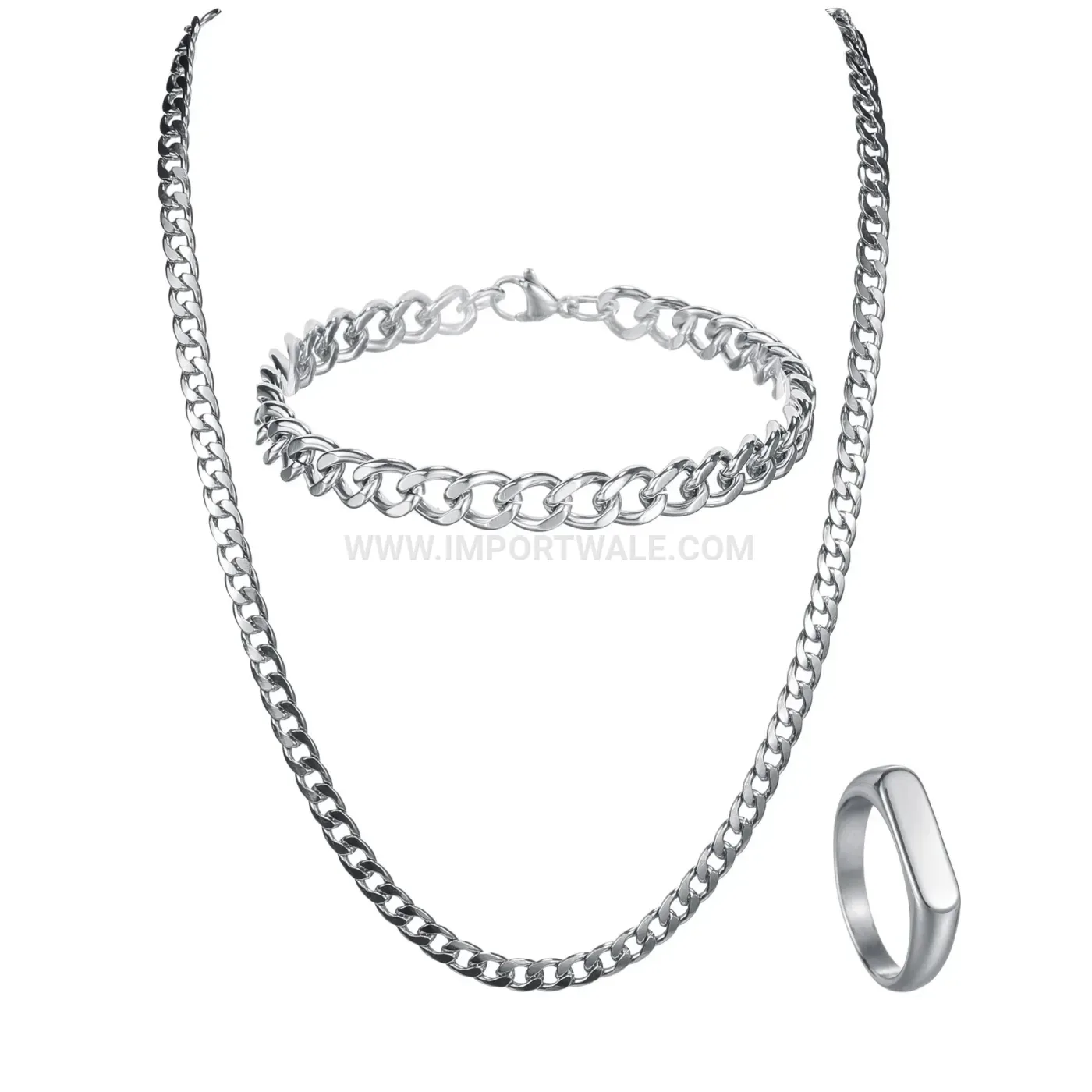 Three-Piece Stainless Steel Hip-Hop Style Chain Jewelry Set