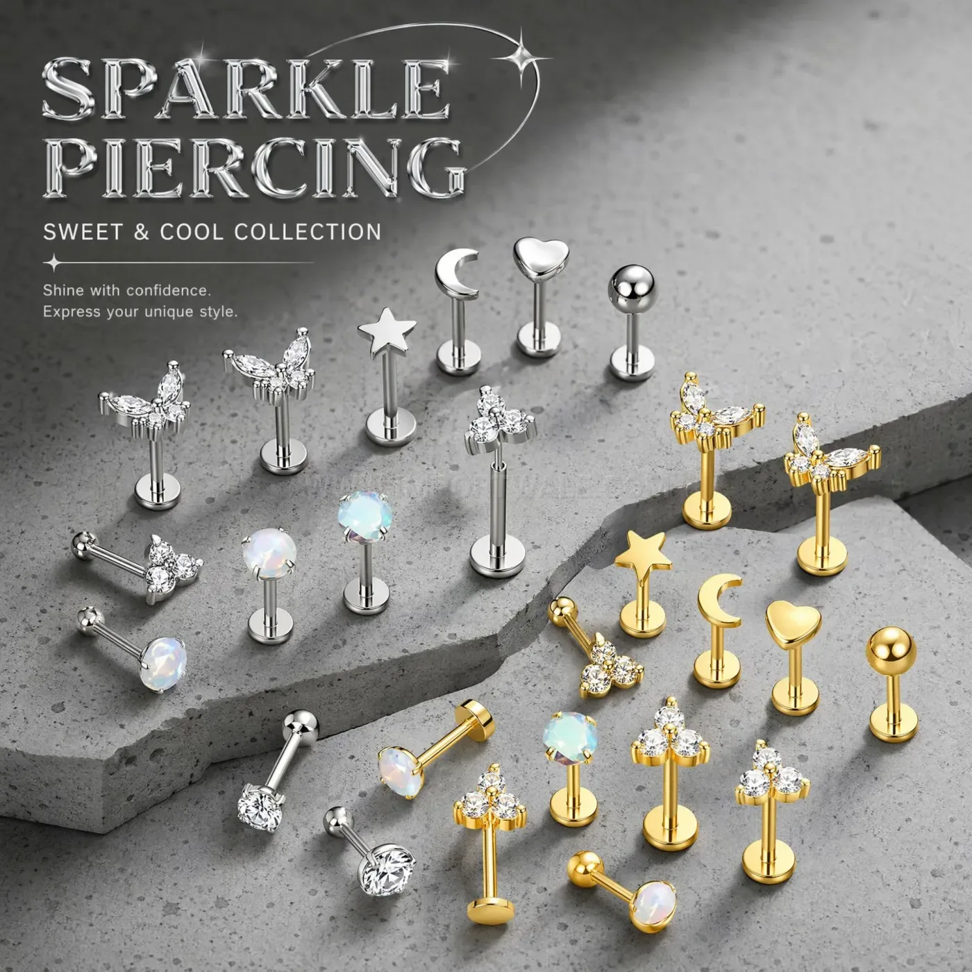 Chic Geometric Stainless Steel Opal Stud Piercing