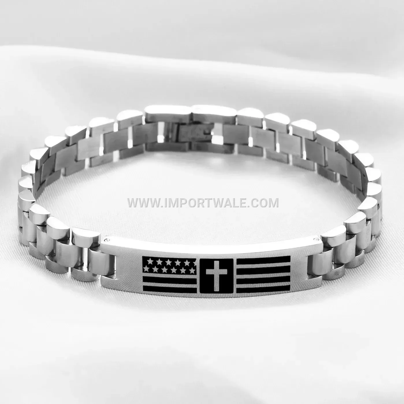 Laser Engraved Cross Stainless Steel Curved Plate Wrist Bracelet