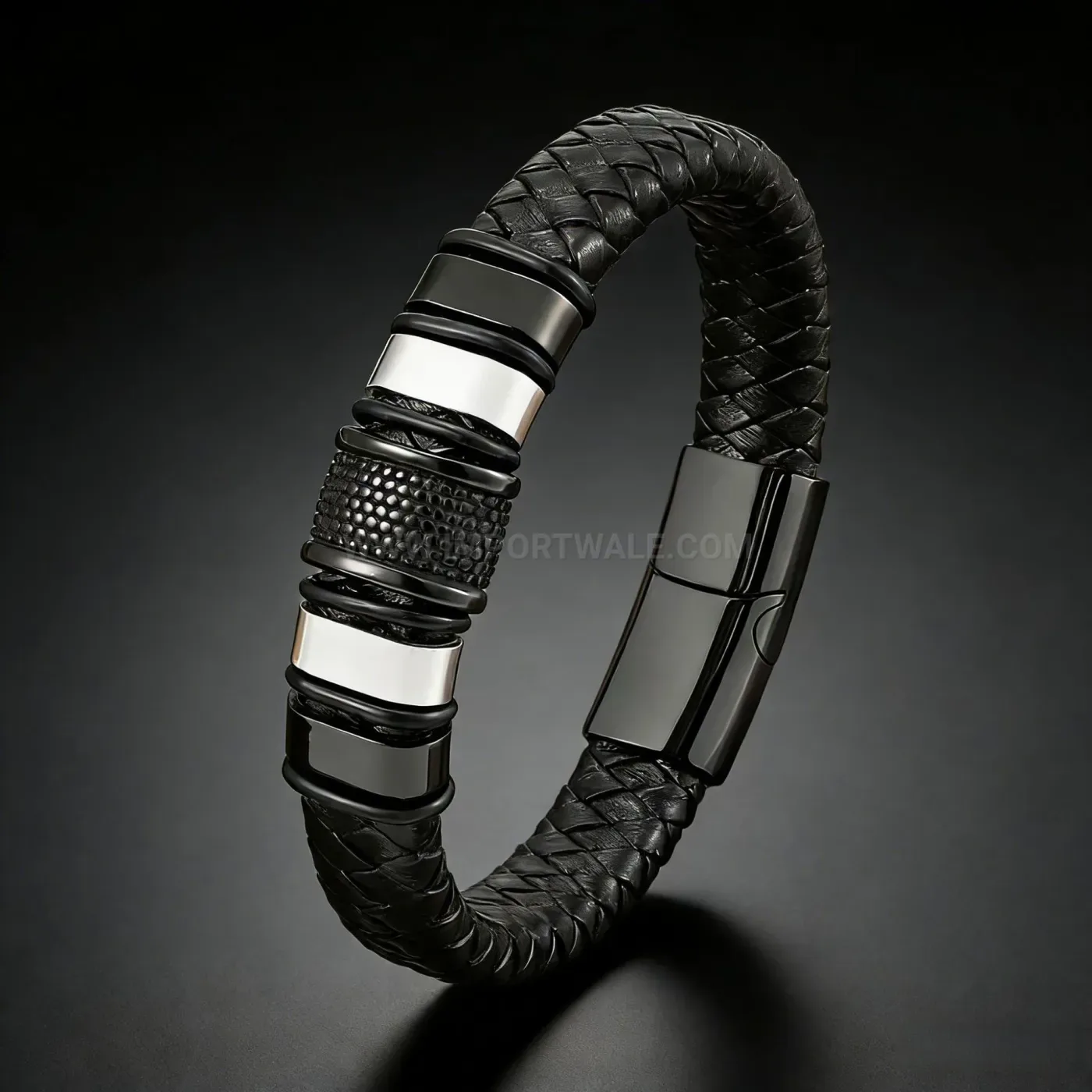 Elegant Woven Black Leather Cord Bracelet with Metallic Clasp