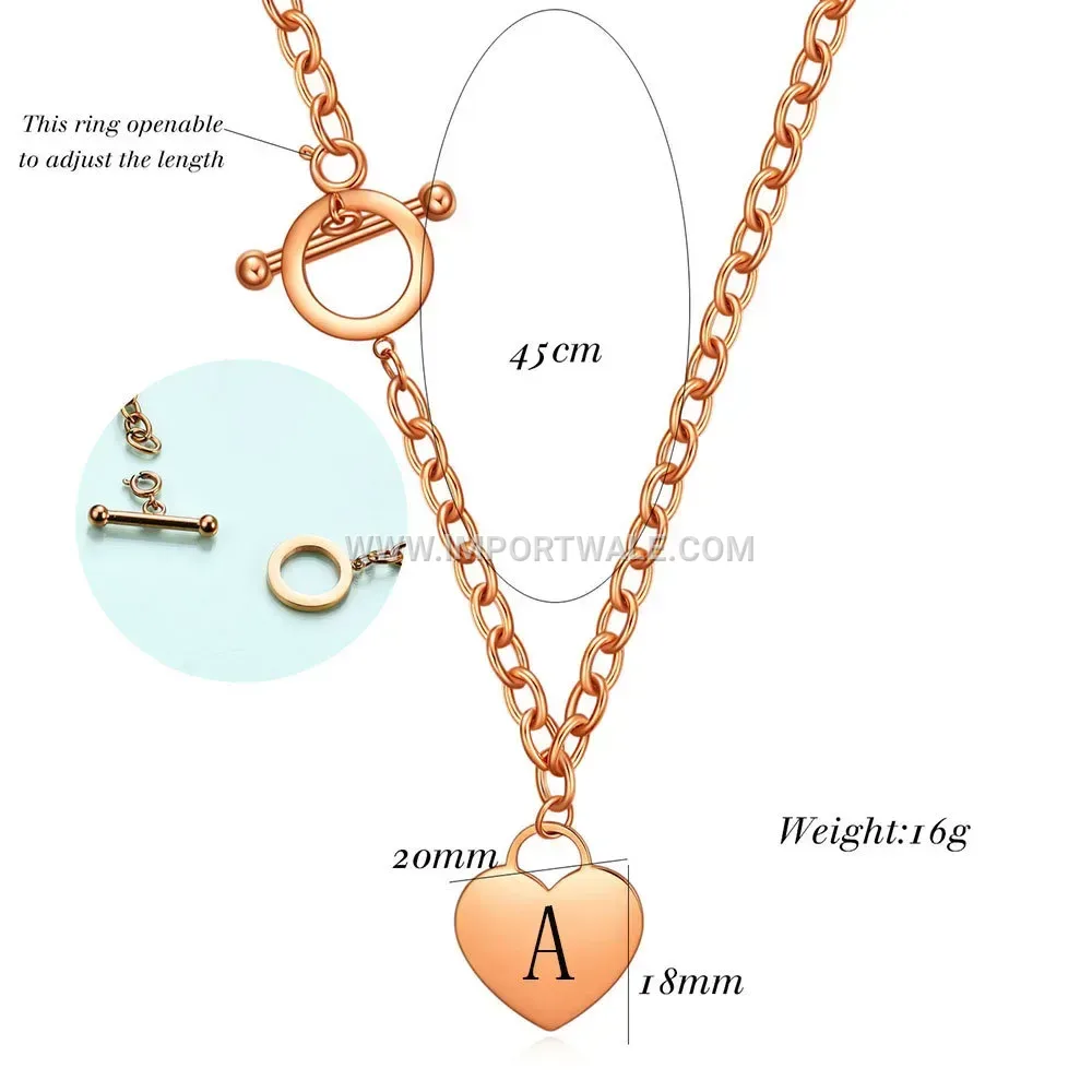 Rose Gold Plated Laser Engraved Initial Heart Toggle Chain Necklace