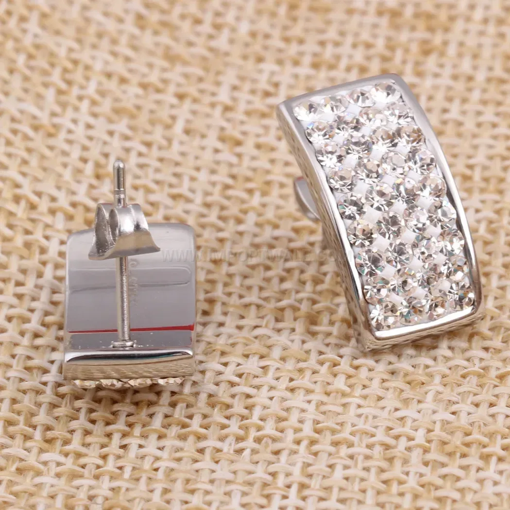 Premium Sparkling Four-Row Rhinestone Rectangular Stainless Steel Stud Earrings