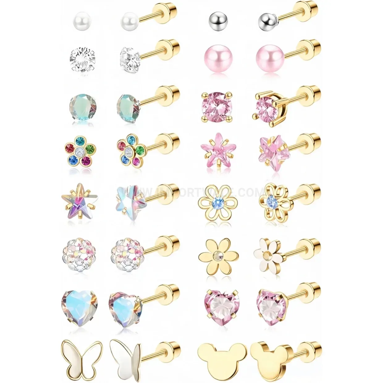 Modern Stainless Steel Heart Floral Flat Back Piercing Stud Set