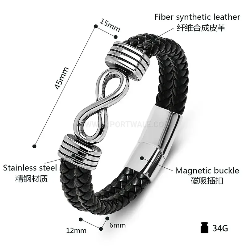 Infinity Symbol Stainless Steel Two Tone Leather Men's Bracelet