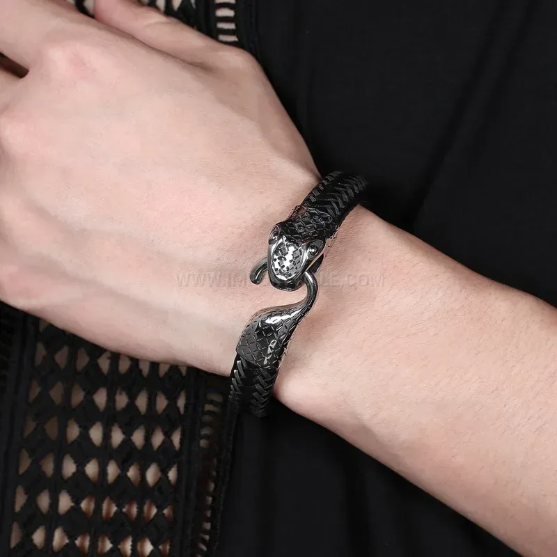 Handcrafted Snake Accent Stitched Microfiber Leather and Stainless Steel Wristband