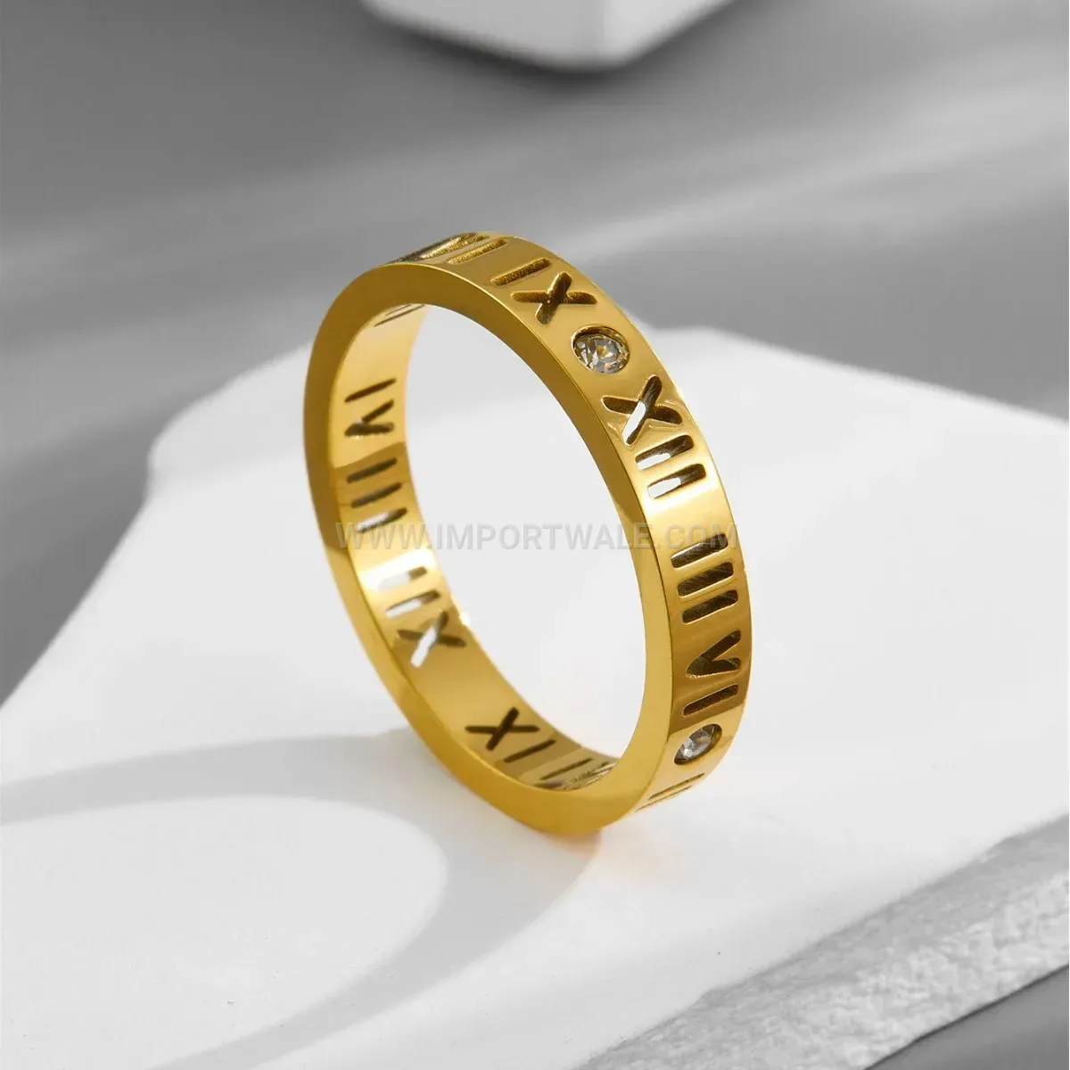 Hollow Roman Numeral Titanium Steel Ring with Crystal Accents