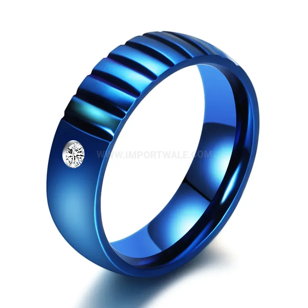 Classic Blue Grooved Stainless Steel Crystal Inlay Band Ring