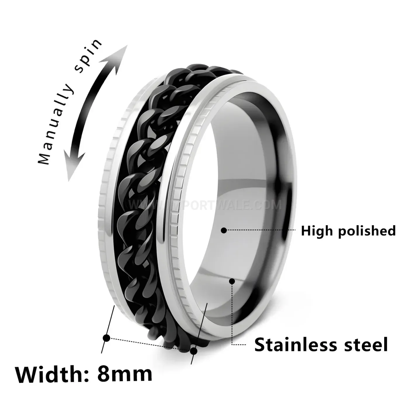 Stainless Steel Spinner Ring with Embedded Chain
