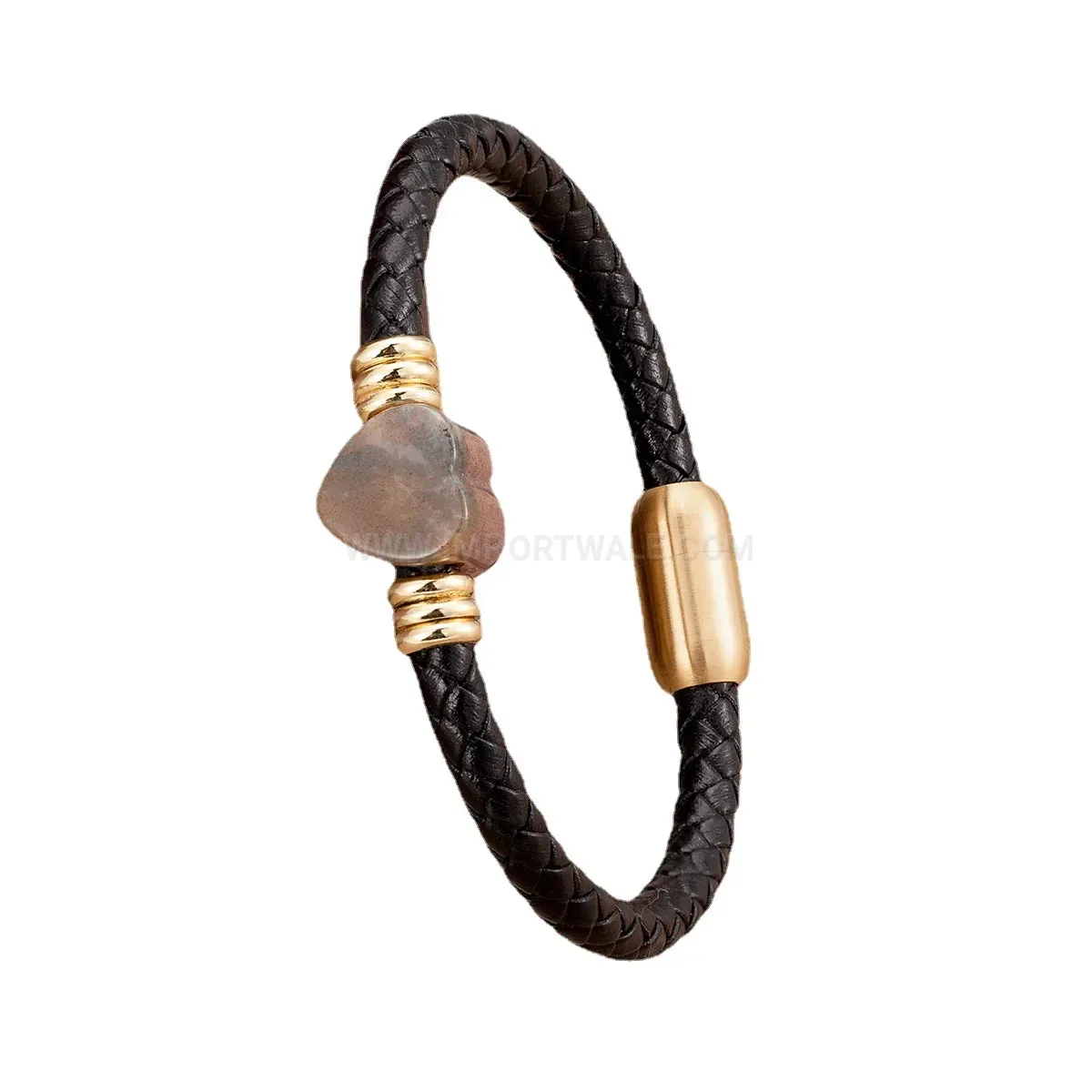 Heart Accent Leather Stone Bracelet with Stainless Steel Magnetic Clasp