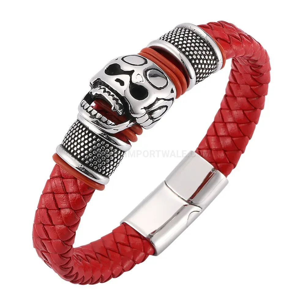 Stylish Braided Cowhide Leather Skull Stainless Steel Bangle Bracelet