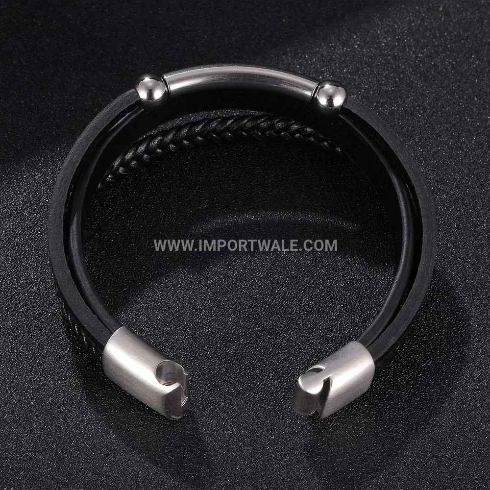 Woven Leather Bracelet with Brushed Steel Magnetic Clasp