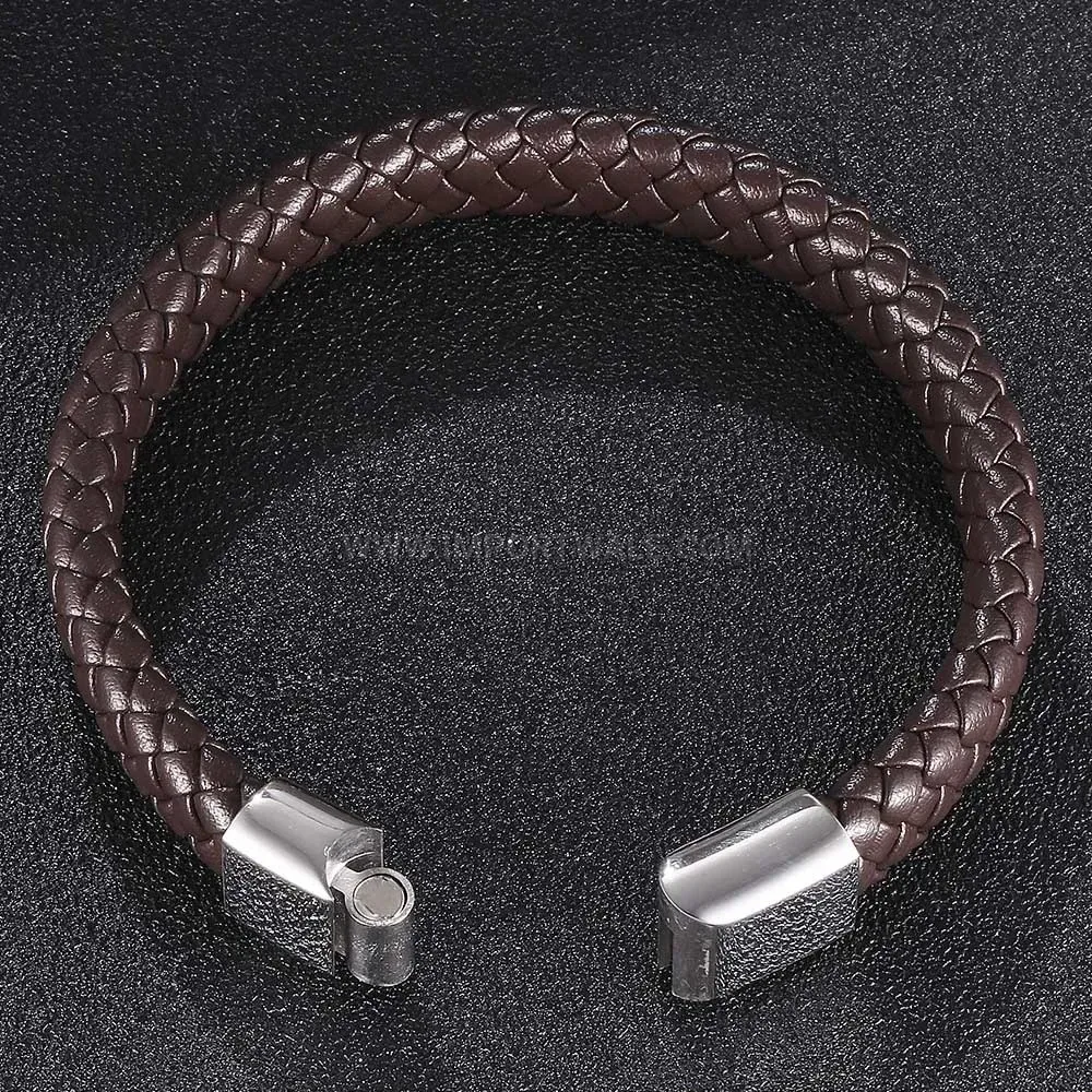 Woven Leather Bracelet with Smooth Stainless Steel Buckle