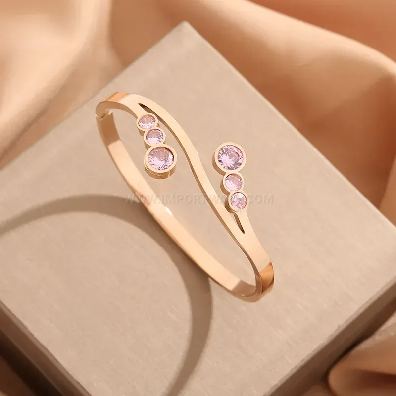 Pink Crystal Accent Titanium Steel Bangle