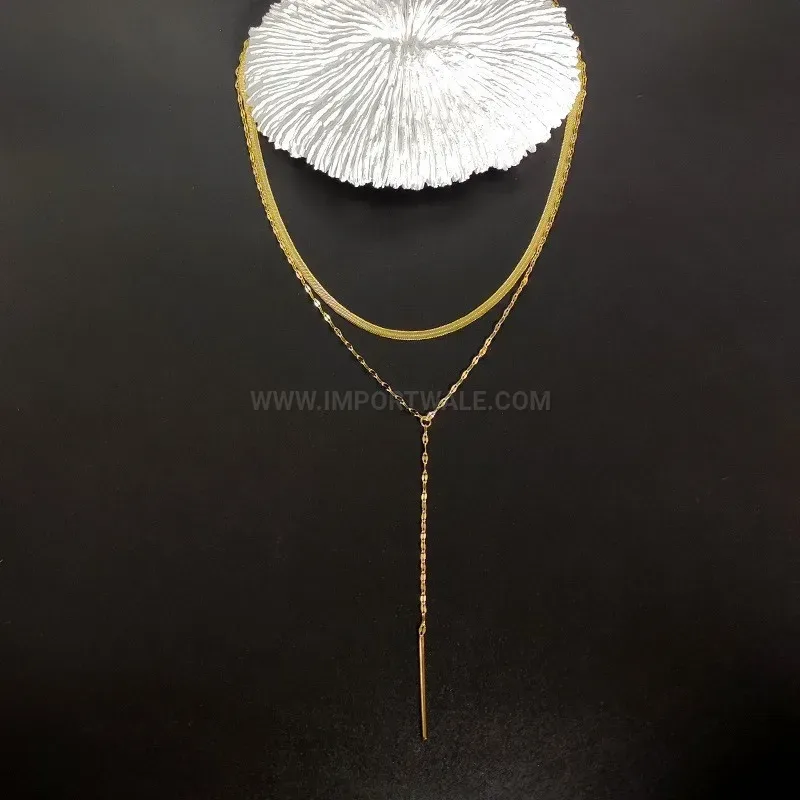 Elegant Double Layered Tassel Lip Pin Gold Titanium Steel Necklace