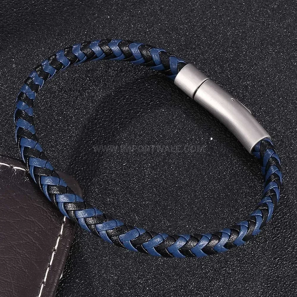 Braided Leather and Stainless Steel Snap Clasp Men's Bracelet