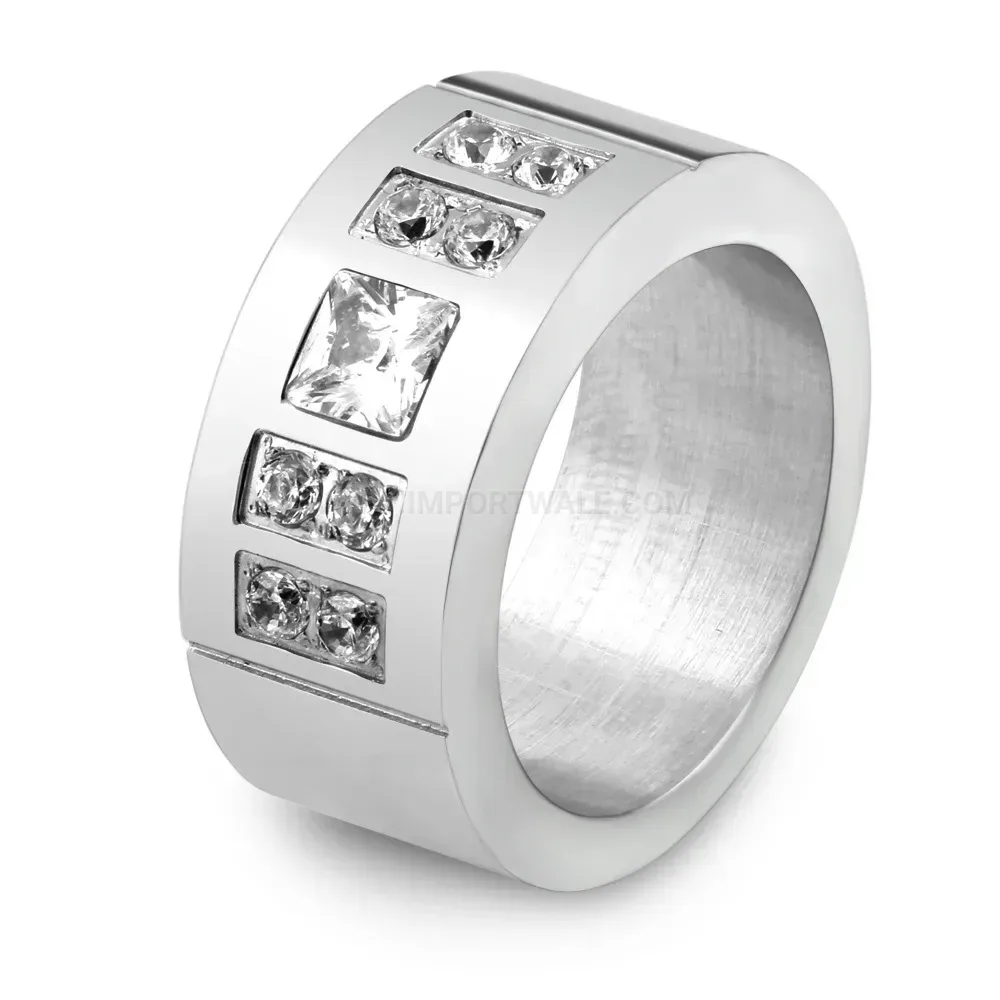Double Row Zircon Accent Stainless Steel Band Ring