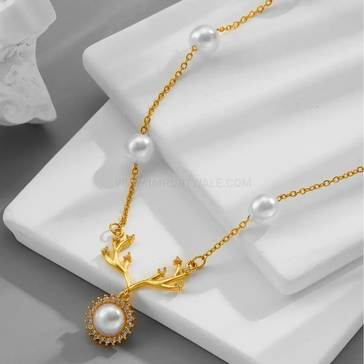 Premium Gold Plated Antler Pendant Necklace with Pearl Accent and Zirconia