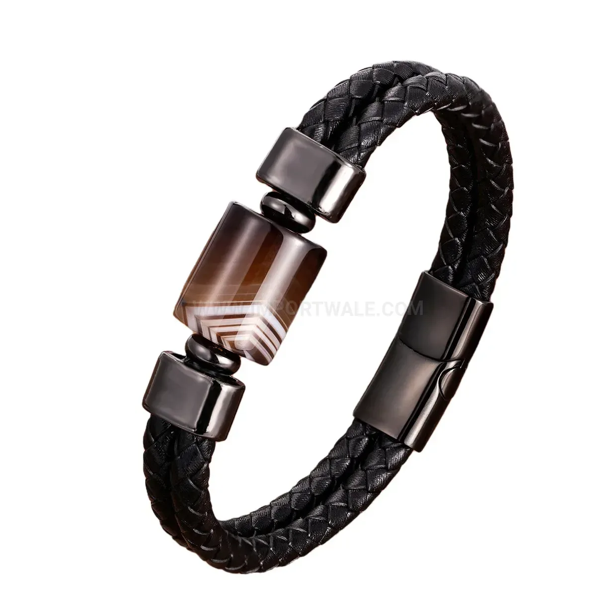 Woven Leather and Natural Stone Bracelet with Stainless Steel Clasp