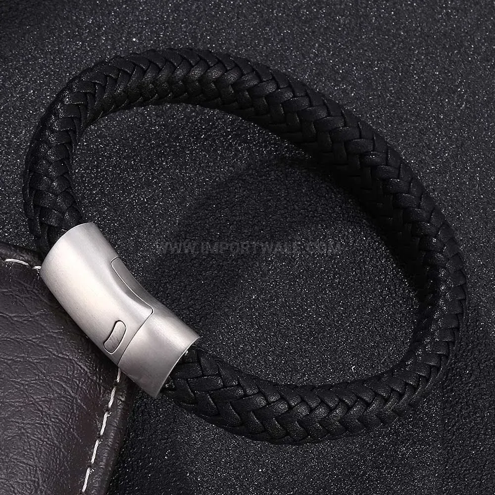 Woven Leather Rope Bracelet with Steel Magnetic Buckle