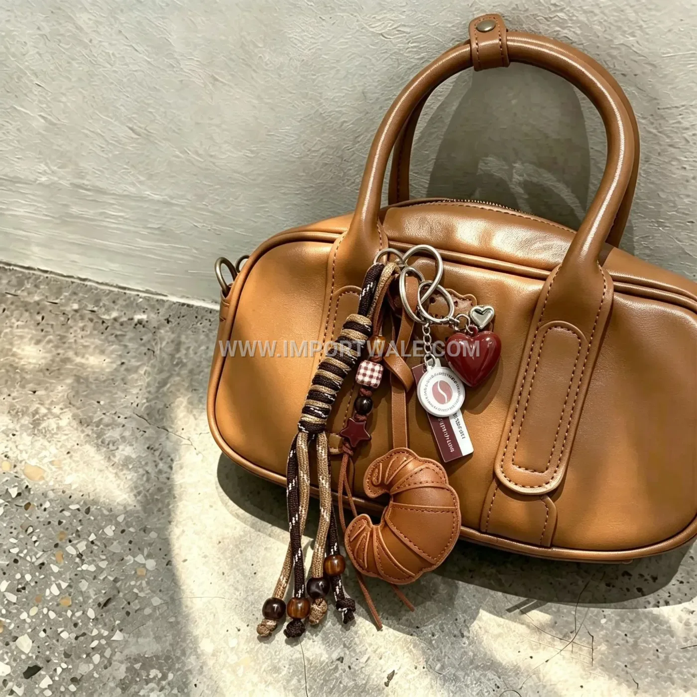 Leather Croissant and Beaded Heart Bag Charm