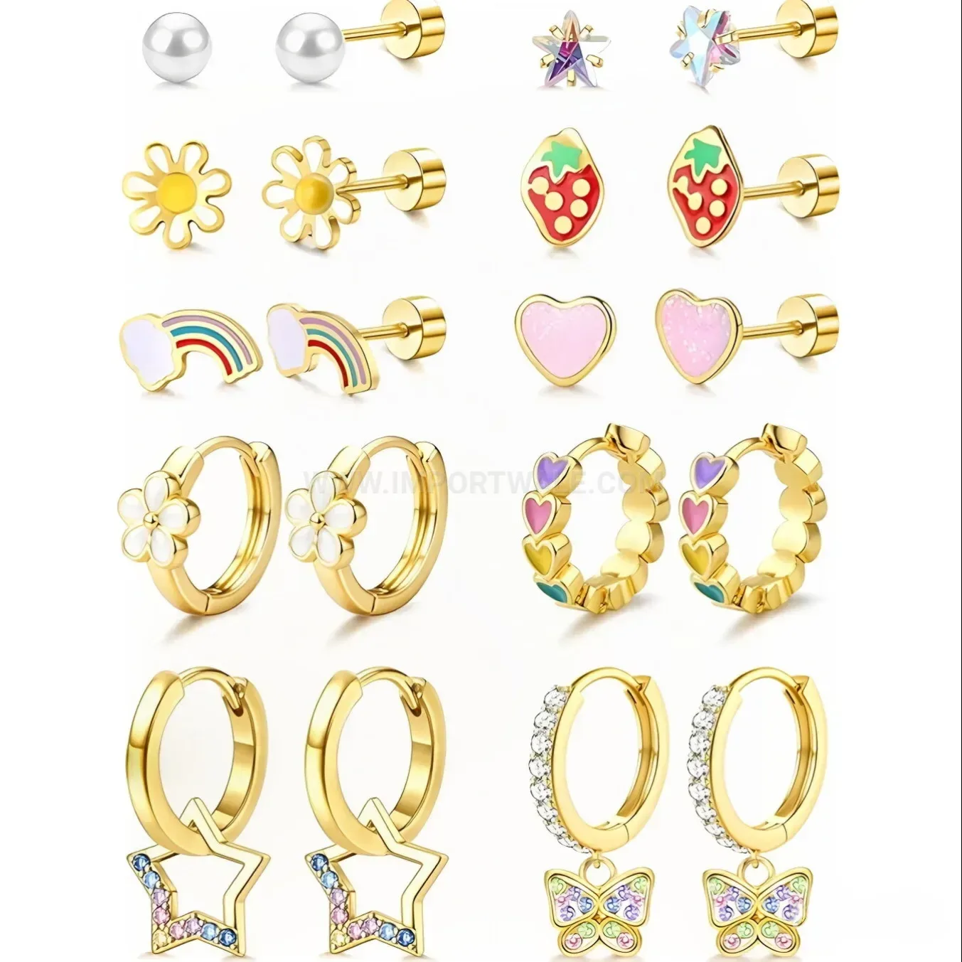 Classic Cute Strawberry Heart Stainless Steel Earring Set with Zircon Butterfly