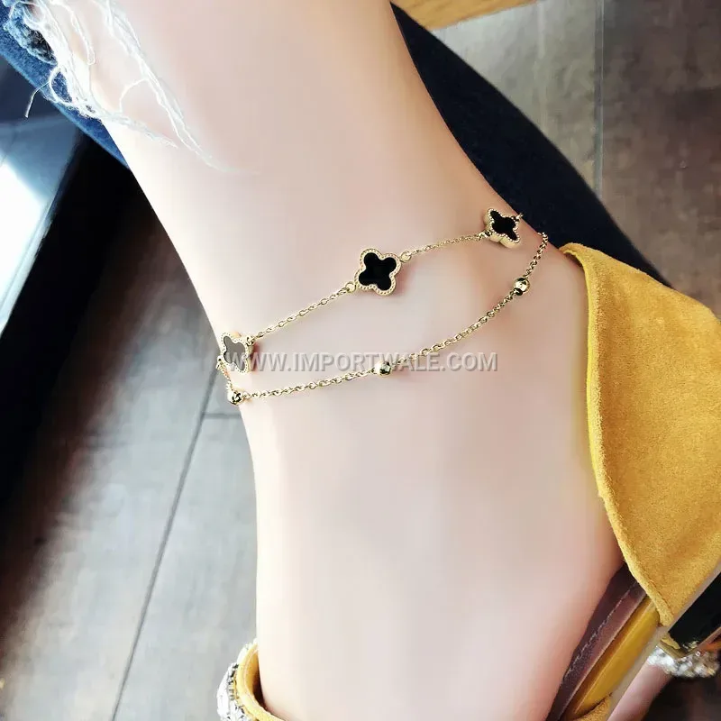 Double Layer Four Leaf Clover Gold Stainless Steel Anklet