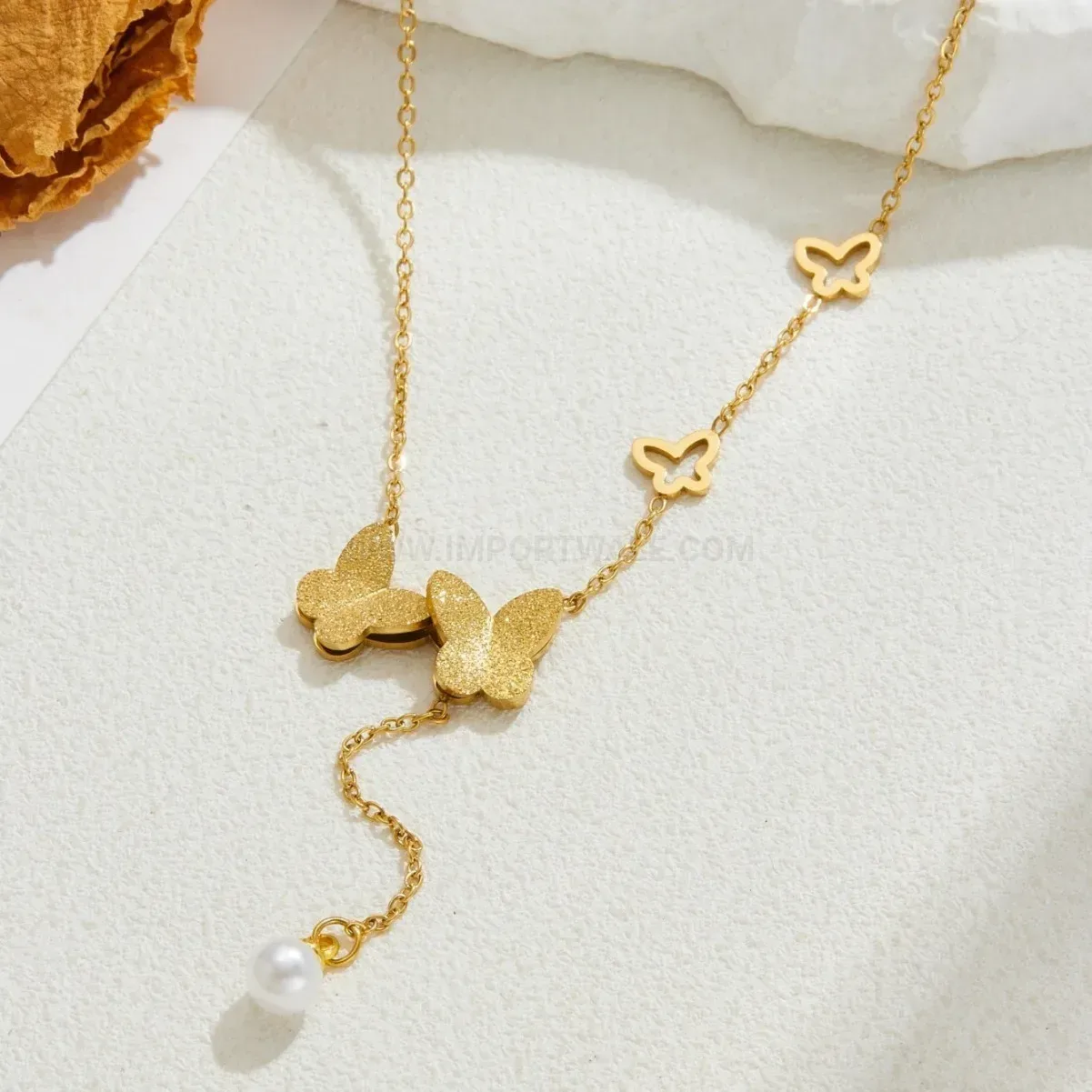 Bold Gold Stainless Steel Butterfly Shell Pearl Tassel Pendant Necklace