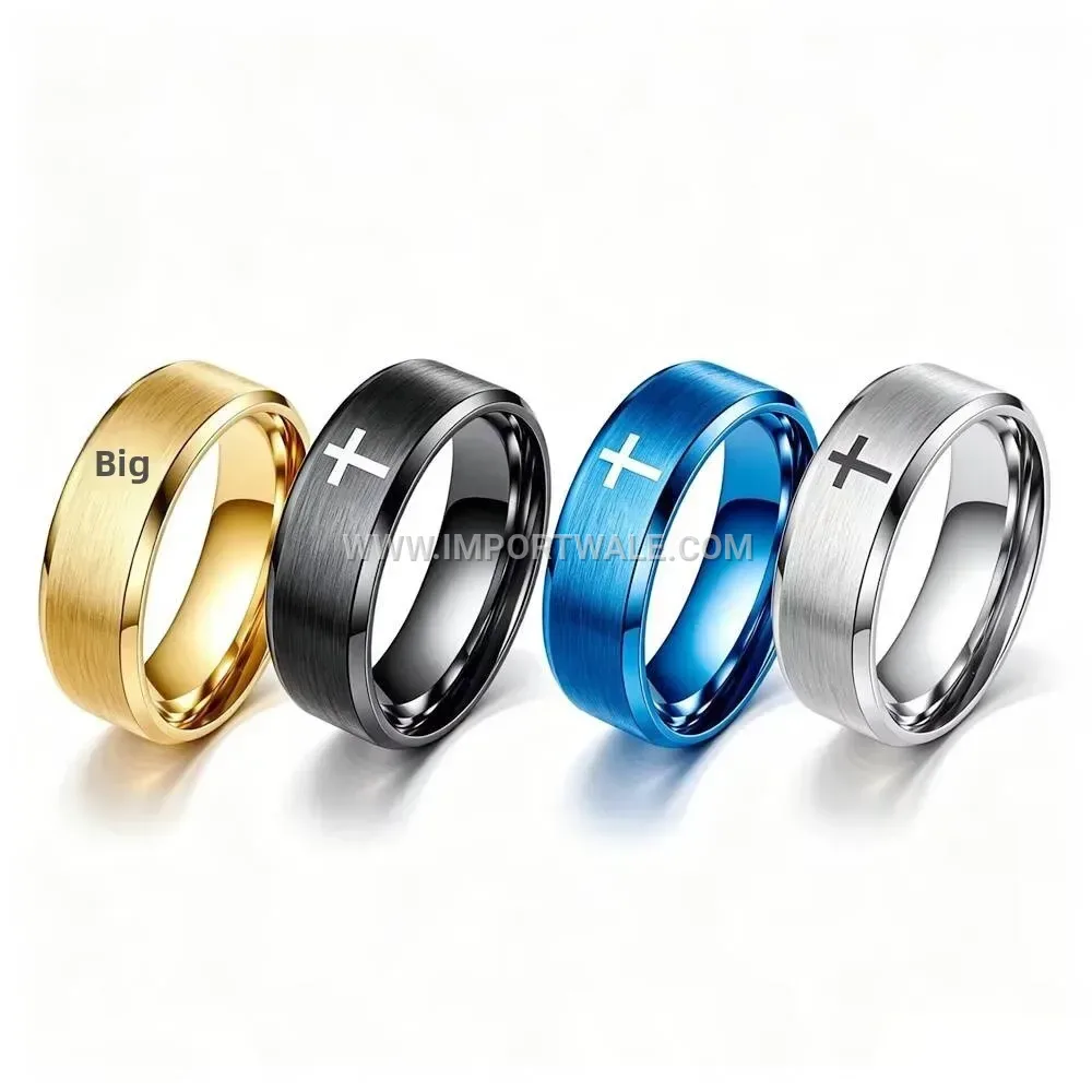 Stainless Steel Christian Cross Beveled Band Ring