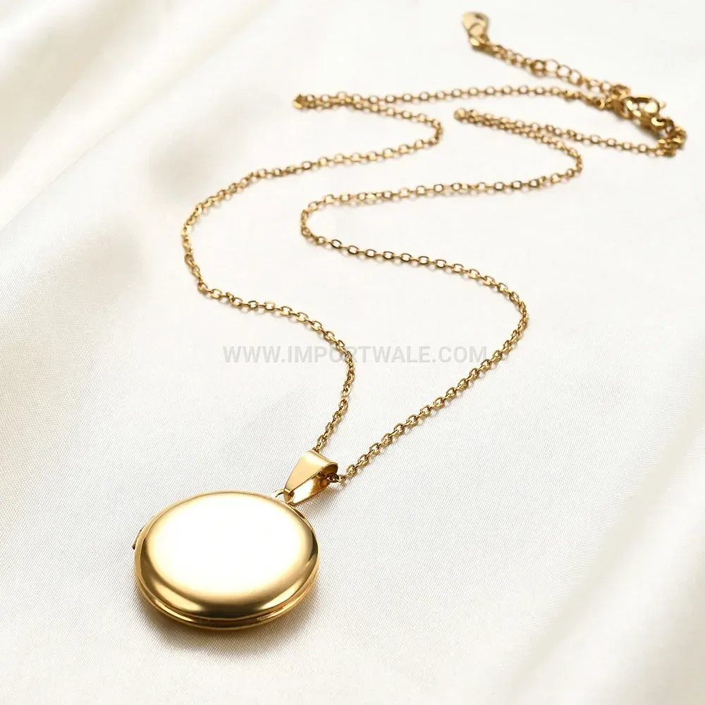 Polished Round Stainless Steel Locket Pendant Necklace
