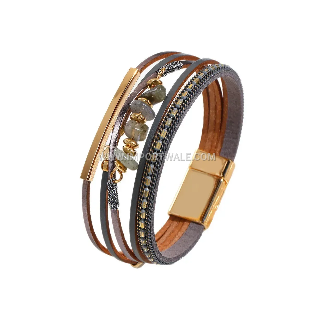 Boho Faux Leather Bracelet with Crushed Stone Accents